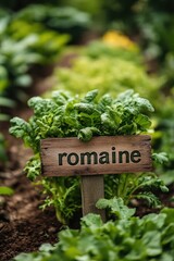 Wall Mural - Close-Up of Vibrant Green Romaine Lettuce Growing in a Lush Vegetable Garden with a Rustic Wooden Sign in the Foreground Displaying the Word Romaine