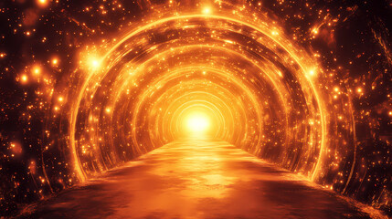 mysterious wonder: a futuristic tunnel with luminous arches and a brilliant light at the end. lumino