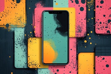 Wall Mural - colorful abstract background with smartphone and fluid shapes