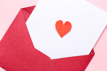 Canvas Print - Composition with envelope, card and paper heart on pink background. Valentine's Day celebration