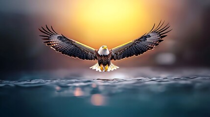 Wall Mural - Majestic bald eagle landing on water at sunset