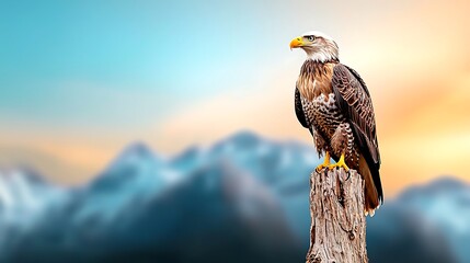 Wall Mural - Majestic eagle perched, mountain sunset backdrop