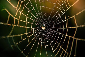 A glistening spiderweb adorned with dewdrops, capturing the morning light.