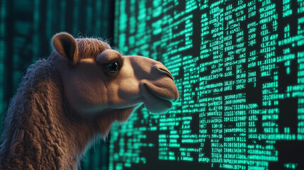 A camel staring closely at a screen full of green code