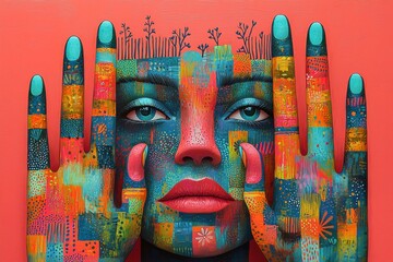 Wall Mural - colorful abstract face with vibrant hand-painted artwork on pink background