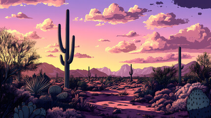 Canvas Print - A stunning vista of the sonoran desert featuring a majestic saguaro cactus and multiple agave plants, sweeping vistas, wide open spaces, saguaro cactus. Majestic Desert. Illustration