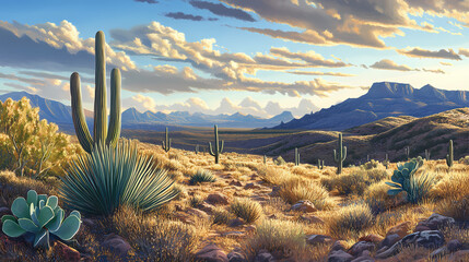 Canvas Print - A stunning vista of the sonoran desert featuring a majestic saguaro cactus and multiple agave plants, sweeping vistas, wide open spaces, saguaro cactus. Majestic Desert. Illustration