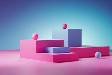 Wall Mural - Abstract 3D geometric shapes  pink and blue  minimal design.