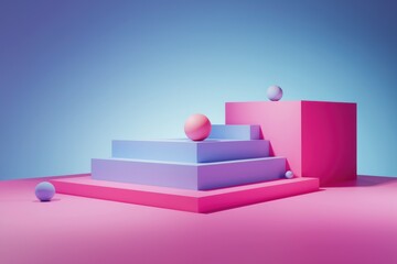 Wall Mural - Abstract 3D render of pink and blue geometric shapes