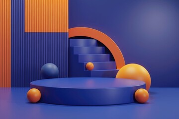 Wall Mural - Abstract 3D scene with blue and orange shapes