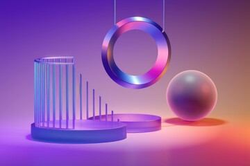 Wall Mural - Abstract 3D rendering with geometric shapes and neon colors