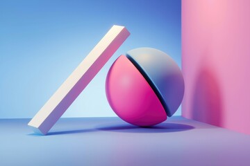 Wall Mural - A white rectangular prism leans against a pink and blue sphere on a blue surface.