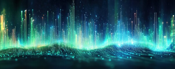 Wall Mural - abstract neon cityscape with blue and green digital lines