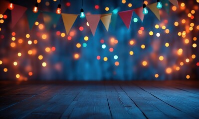 festive black bunting with colorful lights on wooden floor