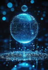 Wall Mural - futuristic blue sphere surrounded by digital circuits and particles