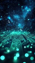 Wall Mural - close-up of illuminated electronic circuit board with glowing particles