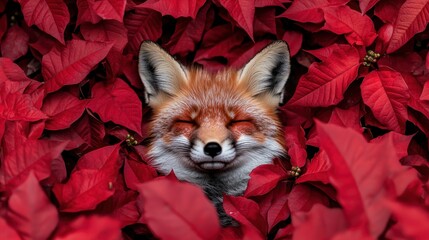 Sticker - Red fox sleeping peacefully in a bed of red poinsettias