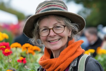 Wall Mural - A cheerful woman wearing a hat and scarf stands amidst a vibrant field of colorful flowers, exuding joy and warmth in the natural setting.