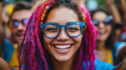 Wall Mural - A cheerful woman with vibrant hair and stylish glasses captures a selfie, showcasing her playful personality and unique style.