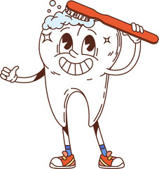 Wall Mural - Cartoon groovy tooth medicine and health character smiling and brushing its head with toothbrush, giving a thumbs up, retro y2k personage promotes dental hygiene, oral health, and tooth care for kids