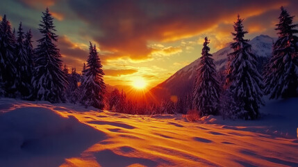 Wall Mural - snowy landscape at sunset with vibrant skies and silhouetted trees in a winter wonderland