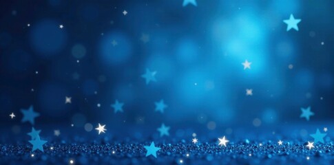 Holiday blue background with scattered bokeh stars and snowflakes, holiday, stars