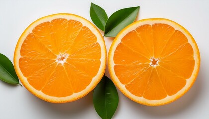 Canvas Print - Two juicy orange slices with vibrant citrus color and fresh green leaves.