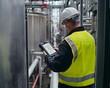 © Ytnart - A worker in a safety vest uses a digital tablet in a modern industrial setting, overseeing operations and maintaining safety standards.