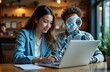 © Maryna - Woman, robot work together on laptop in cafe. Woman types on laptop. Robot looks at laptop. Futuristic concept of AI assistant helping student write essay. Student uses AI tool for essay writing.