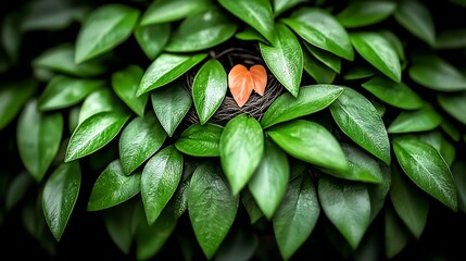 Two orange leaves in a nest, green foliage background. Nature concept image