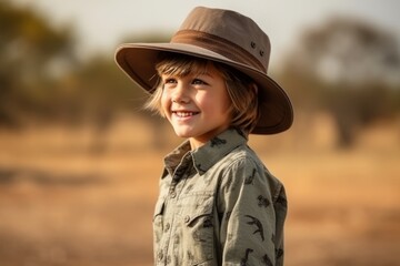 Wall Mural - Portrait of a cute little boy wearing cowboy hat in the countryside