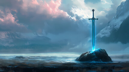 Wall Mural - Sword embedded in rock with glowing blue light near a serene fjord landscape during twilight. Mystic Fjord. Illustration