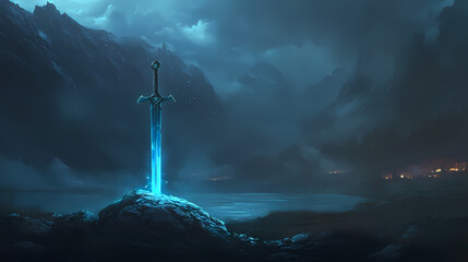 Wall Mural - Sword embedded in rock with glowing blue light near a serene fjord landscape during twilight. Mystic Fjord. Illustration