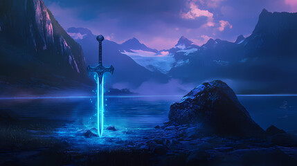 Wall Mural - Sword embedded in rock with glowing blue light near a serene fjord landscape during twilight. Mystic Fjord. Illustration