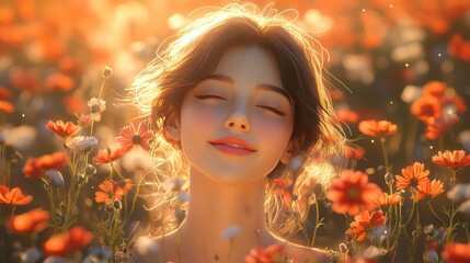 Wall Mural - A woman surrounded by flowers and light, celebrating International Womens Day with a confident smile