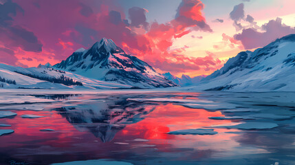 Wall Mural - Breathtaking landscape of a remote fjord with dramatic mountain peaks reflected in the serene frozen waters at sunset the sky is filled with vivid hues of red pink and blue. Mystic Fjord. Illustration