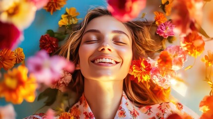 Wall Mural - A woman surrounded by flowers and light, celebrating International Womens Day with a confident smile