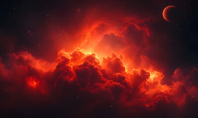 the fiery nebula glows amidst dark space clouds and stars, ideal for science fiction book cover or a
