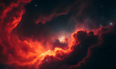 the fiery nebula glows amidst dark space clouds and stars, ideal for science fiction book cover or a