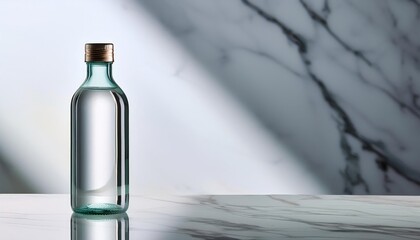 Poster - Clear Glass Bottle on Smooth Marble Surface Reflecting Soft Light in a Serene Setting