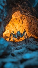 Wall Mural - Captivating close up of an enigmatic insect possibly a grasshopper or cricket lurking in the shadows of a dramatic cave landscape
