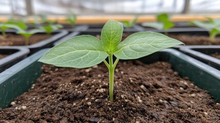 Sprouting seedling in soil: close-up of young plant growth in greenhouse environment