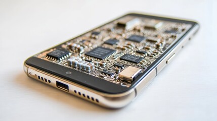 Wall Mural - A clean shot of a smartphone circuit board with visible chips and resistors.