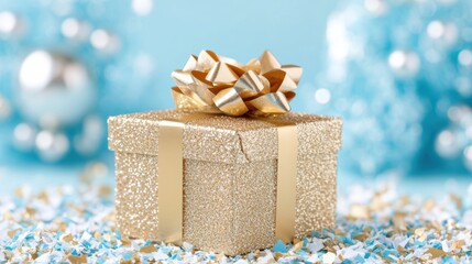 Golden gift box with bow on glittery blue background for celebrations and holidays