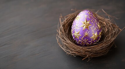 Elegant purple easter egg with golden star design in nest on dark wooden surface