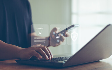 Aufkleber - Smartphone protection with 2Fa, Multi Factor Authentication, Cybersecurity and privacy protect data. internet network security technology. Encrypted data. Personal online privacy. Cyber hacker threat.
