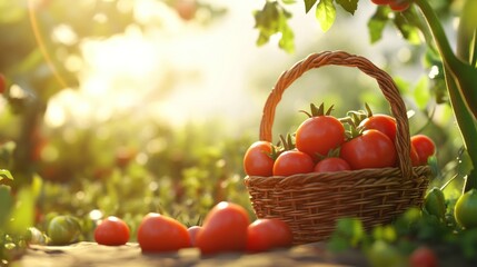 Wall Mural - Sunlit Tomatoes Harvested in Garden Basket