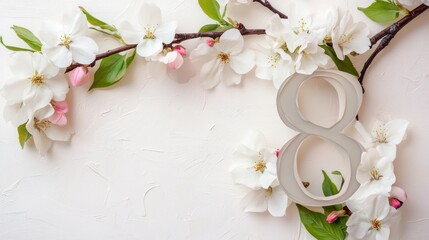 Wall Mural - Beautiful spring blossoms and a stylish number eight on a light background, symbolizing Women's Day empowerment