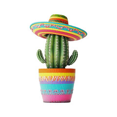 Wall Mural - cactus with a traditional mexican sombrero colorful pot for Cinco de Mayo. Transparent background, PNG file