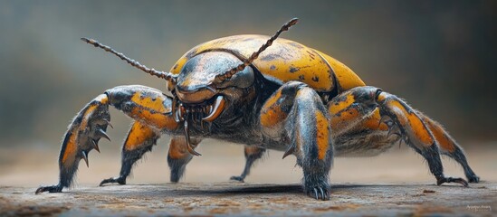 Wall Mural - The intricate and menacing carapace of a powerful beetle creature showcasing its fearsome adaptation for survival in the wild  This close up macro shot highlights the detailed textures patterns